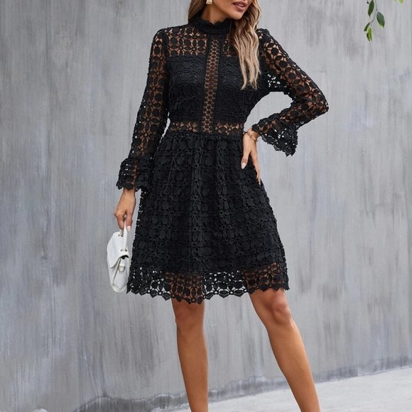 Black Mock Neck Flounce Sleeve Lace Dress - Picture 3 of 6